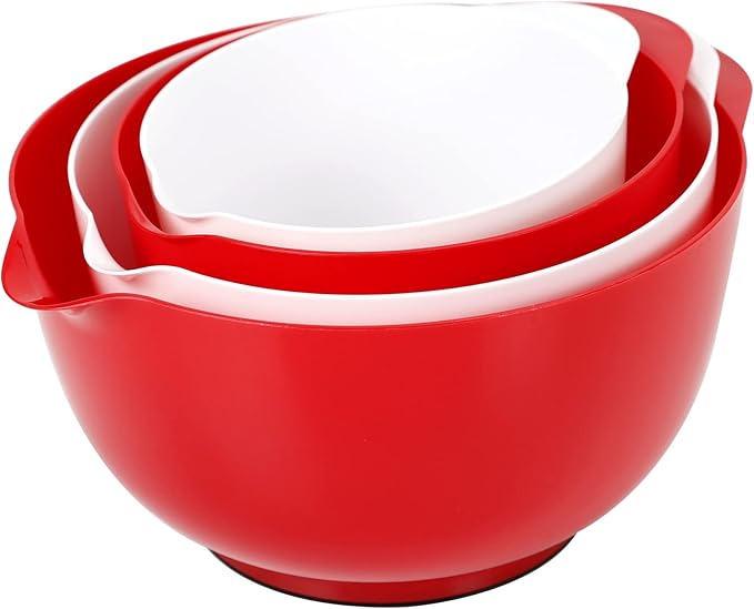 BoxedHome Red and White Nesting Plastic Mixing Bowl Set With Pour Spout, Microwave and Dishwasher Safe, BPA free Non-Slip Base, Set of 4 Size 1.7, 2.5, 3.5 and 4.5qt, Great for Prepping, Baking