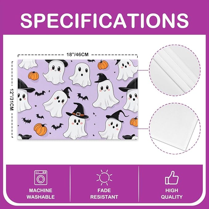 Feelyou Happy Halloween Placemats Set of 4 Cute Ghost Pumpkin Table Mats for Party Kitchen Dining Decoration Holiday Seasonal Purple White Place Mat for Dinner Table Indoor Outdoor 18"x12" Bats - Image 4