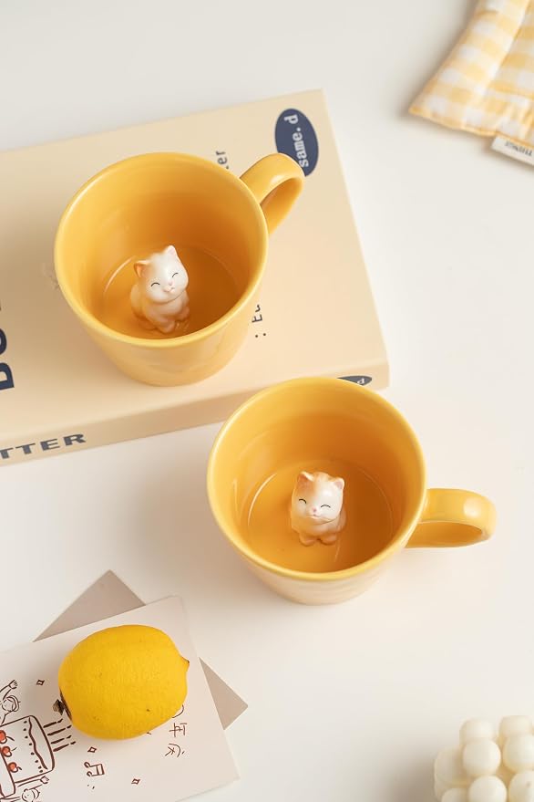 DIHOclub Cat Coffee Cup Hidden Ceramic Animal Inside Mug,Cute Cartoon Handmade Figurine Mugs,Holiday and Birthday Gift for Coffee Milk Tea Lovers,12 Oz(yellow) - Image 8