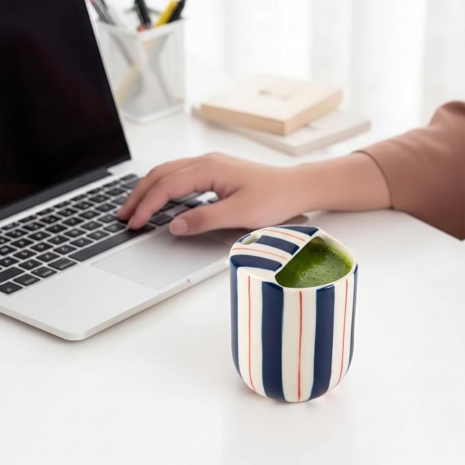Ceramic Mug with Sip Hole 10 oz Novelty Deep Blue Red Striped Ceramic Coffee Mug Hand Painted Travel Mugs Heat Resistant Non Slip Built in One Lid for Coffee Lovers Appreciation Gift - Image 7