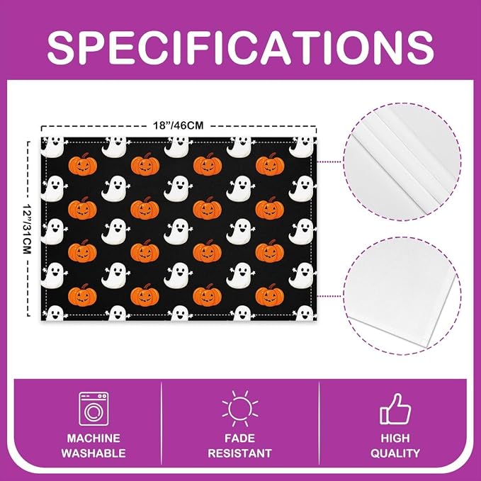 Feelyou Happy Halloween Placemats Set of 4 Pumpkin Lantern Table Mats for Party Kitchen Dining Decoration Holiday Seasonal Orange and White Place Mat for Dinner Table Indoor Outdoor 18"x12" Non-Slip - Image 4