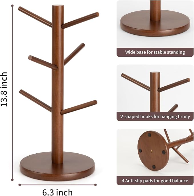 MyLifeUNIT Mug Holder Tree, Coffee Cup Holder with 6 Hooks (Brown) | Anti-slip padded bottom, space-saving compact design, easy air drying, sturdy tip-resistant structure - Image 7