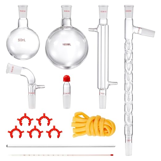 VEVOR Laboratory Distillation Set, 3.3 Borosilicate Glass Equipment with 24/40 Joint, 1000ml Capacity for Essential Oil Extraction, 14-Piece Glassware Kit - Image 9