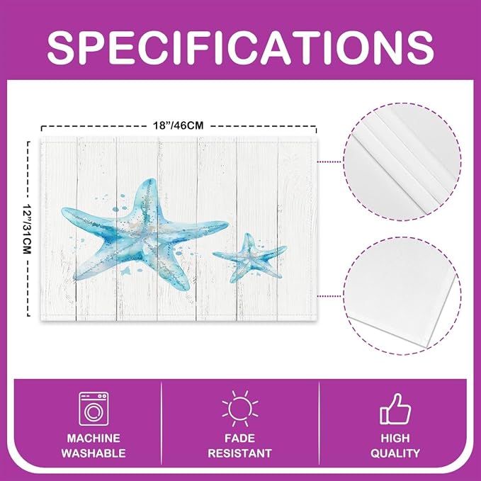 Feelyou Starfish Beach Placemats Set of 4 12"x18" Coastal Beach Ocean Table Mats Placemat Ocean Marine Placemats for Dining Table Indoor Outdoor Kitchen Nautical Sea Creatures Decor Table Place Mats - Image 4