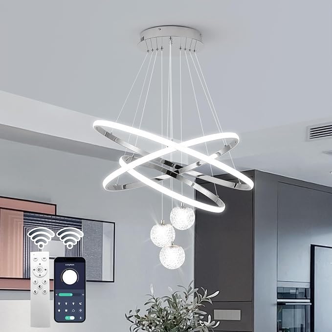 ORANOOR LED Modern 3 Ring Chandeliers, 24inch Dimmable Kitchen Pendant Lamp | Silver Dining Room Light Fixtures Ceiling Hanging Over Table, Globe Round Chandeliers for Living Room Dining Room, Chrome - Image 9