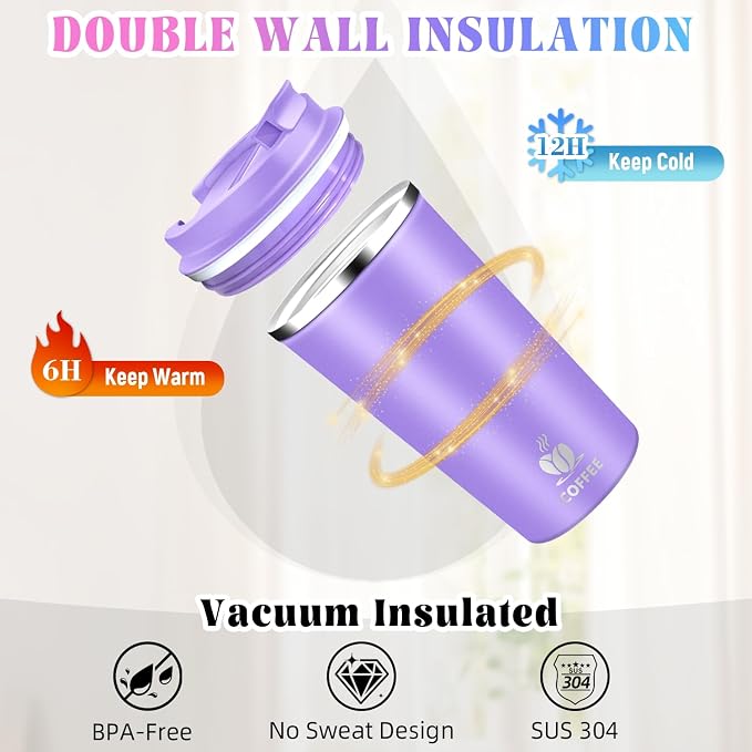 17oz Insulated Travel Coffee Mug with Flip Lid – Leakproof Stainless Steel Insulated Coffee Tumblers, Reusable Coffee Cup for Hot & Cold Drinks, Perfect for Camping & On-the-Go - Image 9
