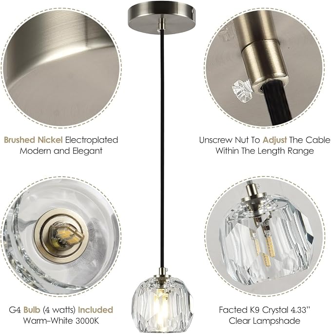 Brushed Nickel Pendant Light, Small Island Pendant Light Fixture for Kitchen, Modern Prism Crystal Single Pendant Hanging Light for Dining Room Bar - Image 6