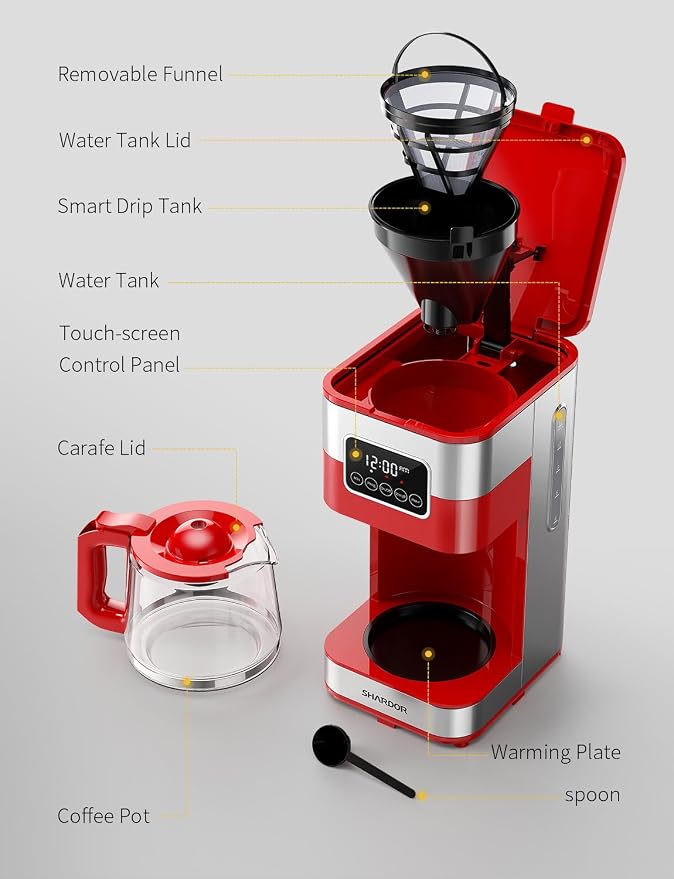 SHARDOR 10-Cup Programmable Coffee Maker, Regular & Strong Brew Drip Coffee Machine for Home and Office, Auto Shut Off, Permanent Filter (red) - Image 8
