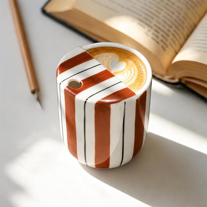 1 Pcs Ceramic Mug with Sip Hole 10 oz Novelty Brown Black Striped Coffee Mug Hand Painted Ceramic Cup Heat Resistant Non Slip Built in One Lid Handcraft Mugs for Coffee Lovers Gift - Image 7
