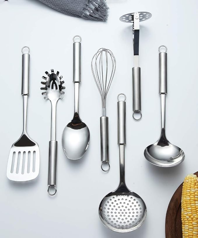 Berglander Cooking Utensil Set 8 Piece, Stainless Steel Kitchen Tool Set with Stand,Cooking Utensils, Slotted Tuner, Ladle, Skimmer, Serving Spoon, Pasta Server,Potato Maseher, Egg Whisk. (8 Pieces) - Image 7