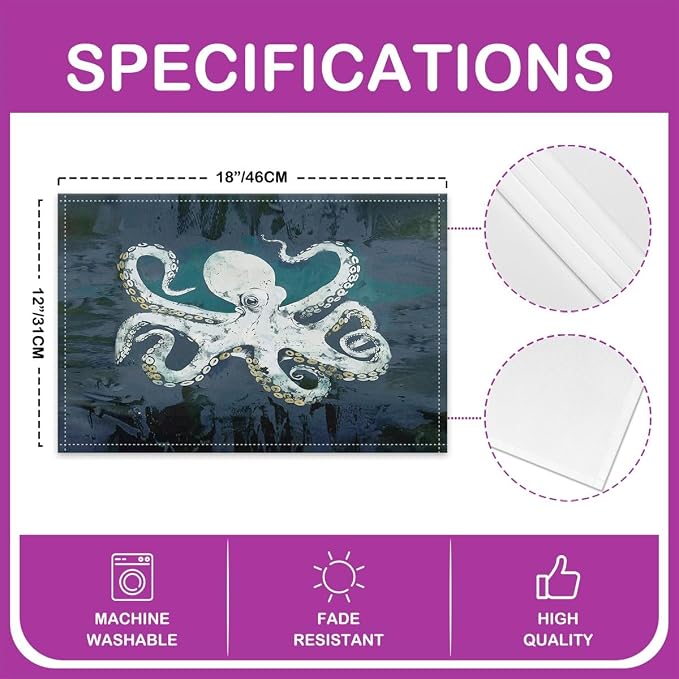 Feelyou Gray Blue Octopus Placemats Set of 4 12"x18" Tentacles Table Mats Placemat Room Decor Ocean Kraken Placemats for Dining Table Indoor Outdoor Kitchen Sealife Sea Animal Decor Table Place Mats - Image 4