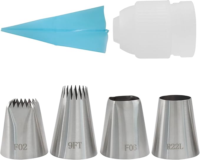 4 Pcs Extra Large Piping Tips (R22L F06 9FT F02), Stainless Steel Round Icing Tips Star Square Wide X-Large Piping Tips for Jumbo Eclair Churro Meringue, with Coupler & Silicone Pastry Bag