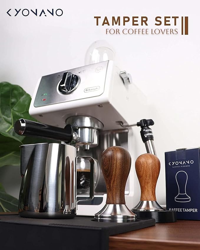 KYONANO Espresso Accessories - Espresso Tamper 51mm - Tamper with Chacate Preto Wood Handle -Coffee Tamper Plus Milk Frothing Pitcher 350ml, Silicone Tamper Mat -Tamper fits 51mm Delonghi Portafilter