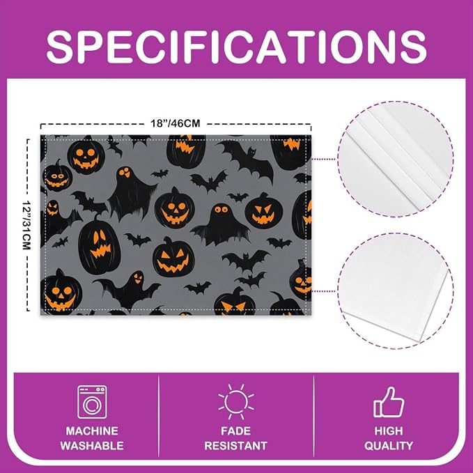 Feelyou Happy Halloween Placemats Set of 4 Horror Ghosts Bats Table Mats Black Gray Orange Place Mat for Kitchen Dining Table Party Decor Indoor Outdoor 18"x12" Non-Slip Easy to Clean Pumpkin Lantern - Image 4