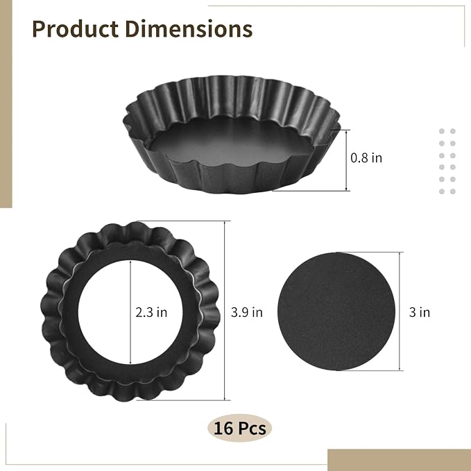 16 Pcs Mini Tart Pans, 3.9 in Round Baking Molds with Removable Bottoms, Carbon Steel Nonstick Fluted Quiche Pans, Mousse Pizza Molds, Metal Pie Pans for Desserts and Daily Baking - Image 5