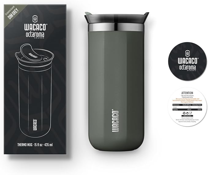 WACACO Octaroma Grande Vacuum Insulated Coffee Mug, 15 fl oz (435ml), Double-wall Stainless Steel Travel Tumbler With Drinking Lid, Dim Grey - Image 8
