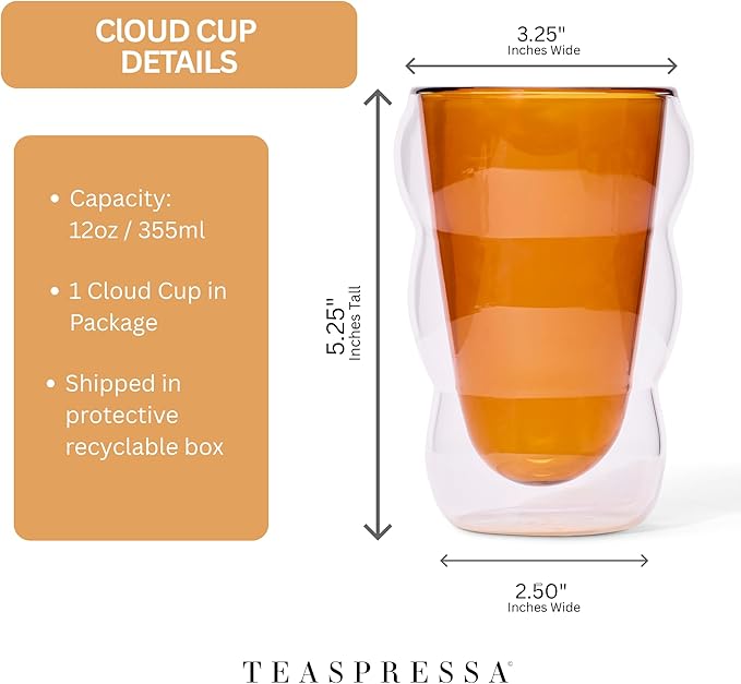 Teaspressa Pink Glass Cloud Cup 12 oz Double-Wall Insulated Borosilicate Glass – Heat-Resistant – Ideal for Hot or Iced Tea, Lattes, Coffee & More – Minimalist Design – Great Gift