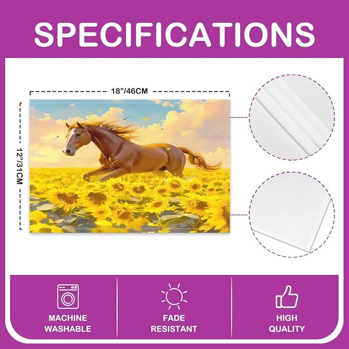 Feelyou Horse Placemats Set of 4 18"x12" Galloping Horse Table Place Mats Decor Sunflower Placemat for Kitchen Dining Table Women Men Cute Animal Decor Indoor Outdoor Decor Table Mats - Image 4