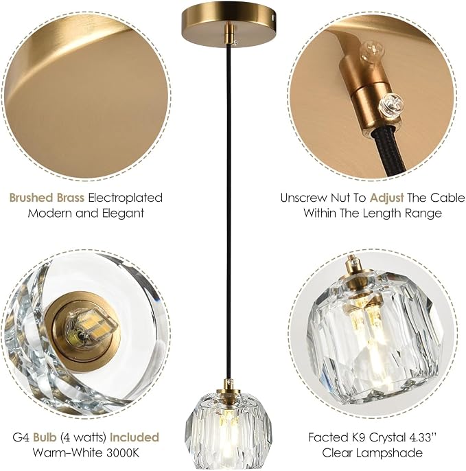 Modern Pendant Light, Brushed Brass Pendant Light Fixture for Kitchen Island, Small Cut Crystal Single Pendant Lighting for Dining Room Bathroom - Image 6