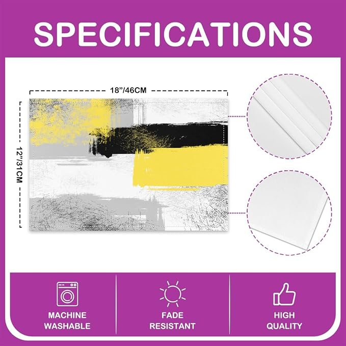Feelyou Yellow Black Grey White Placemats Set of 4 for Kids Boys Girls Abstract Placemat for Kitchen Dining Table Decor Indoor Outdoor 18"x12" Ombre Modern Table Place Mats, Decor Buffalo Check - Image 4