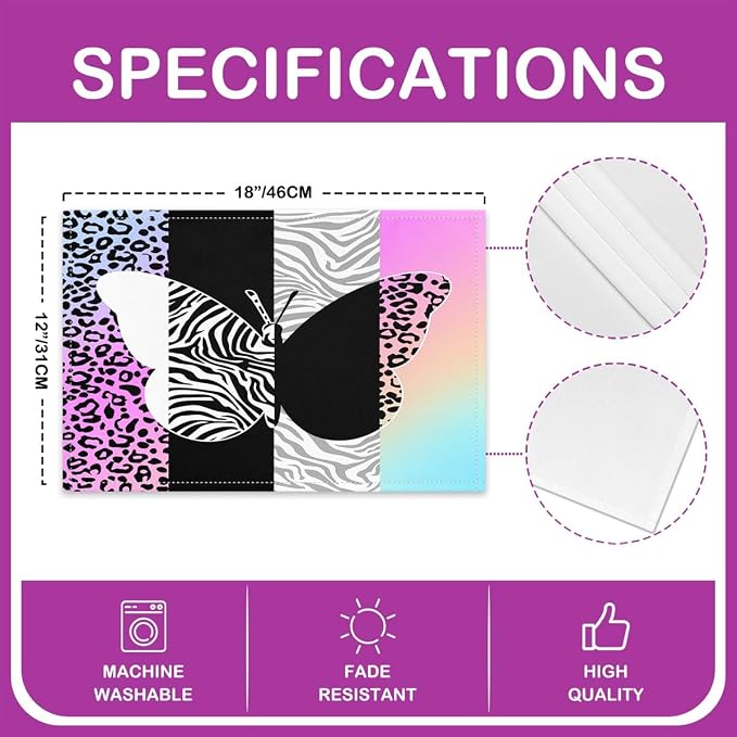 Feelyou Leopard Table Place Mats, Kids Cheetah Butterfly Placemats Set of 4 Animal Print Placemat for Kitchen Dining Table Decor Indoor Outdoor for Zebra Colorful 18"x12" - Image 4