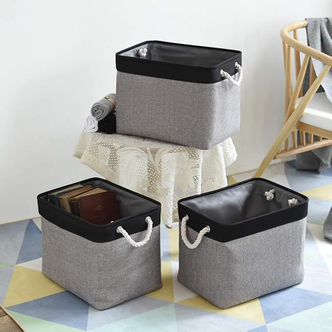 TheWarmHome Storage Basket for Organizing - 16x12x12 inch Cube Storage bin 3 Pack Fabric Storage Cubes, Collapsible Storage Box for Organizer Cloth Gift Toy Closet (Black & Grey)