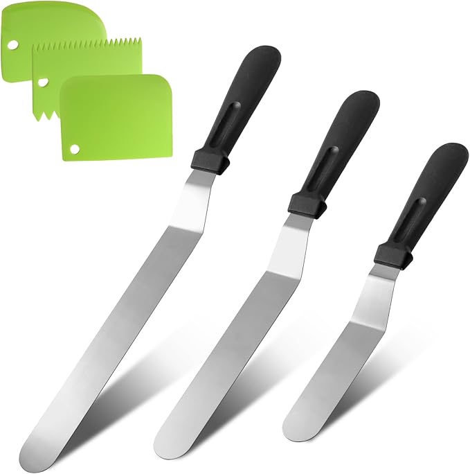 Litoexpe 6 Pack Stainless Steel Icing Spatulas with 3 Green Cake Smoother Scrapers, Angled Cake Spatulas Cake Smoother Scrapers, Frosting Offset Spatula Set for Cake Decorating Baking (6", 8", 10")
