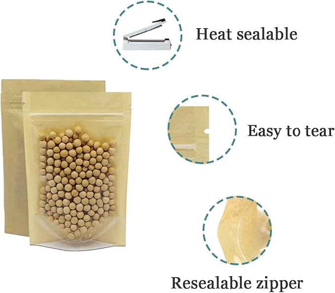 PABCK Clear Front Stand Up Kraft Paper Bags Resealable 3.9x5.9inch 200 Pcs | Stand Up Brown Paper Window Bag Zipper Lock Food Storage Bag for Coffee Snack Nuts Spice Seeds Crafts Packaging Heat Sealable - Image 6