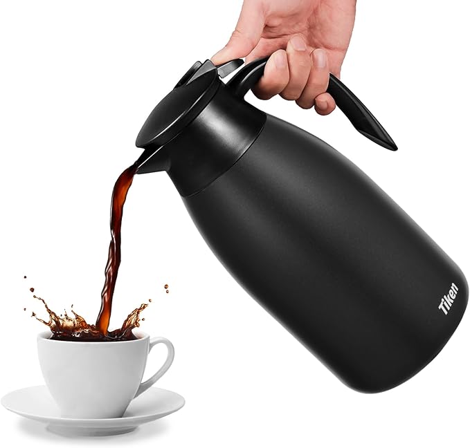 Tiken 85 Oz Thermal Coffee Carafe, Stainless Steel Insulated Vacuum Coffee Carafes For Keeping Hot, 2.5 Liter Beverage Dispenser (Black)