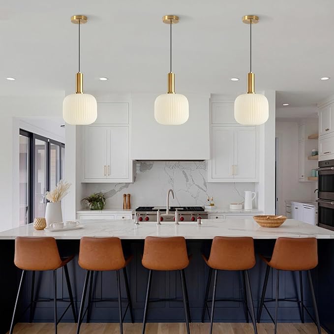 KCO Lighting Vintage Brass Gold 7.9β White Milk Ribbed Glass Pendant Light | E26 Base, Adjustable Cord for Sloped Ceilings, Mid Century Modern Hanging Light Fixture for Kitchen Island Dining Living Room - Image 8