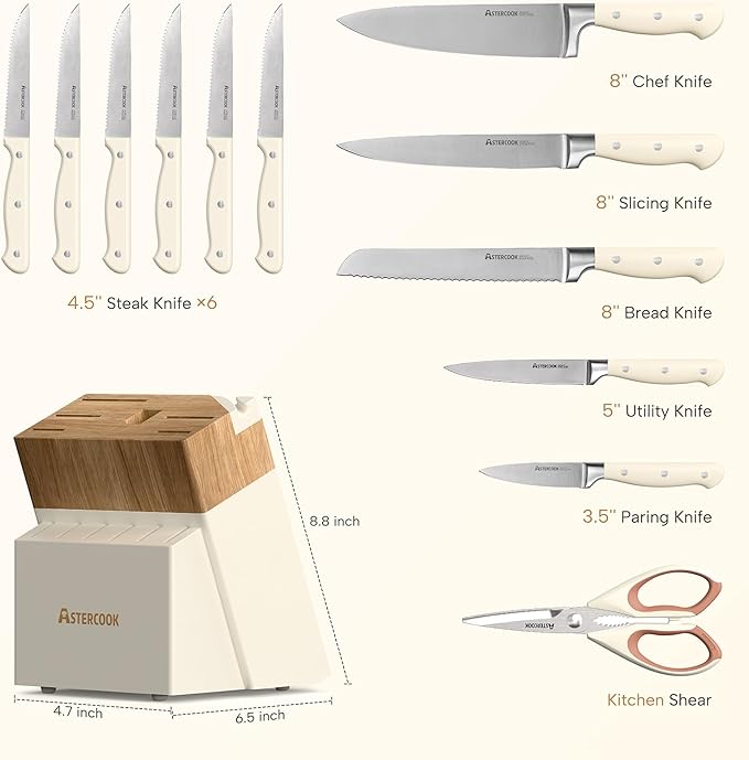Knife Set,Astercook Kitchen Knife Set with Block 14-Piece Full Tang Stainless Steel Knives with Sharpener Dishwasher Safe and Anti-Slip Ergonomic Handle Utensils Set - Image 8