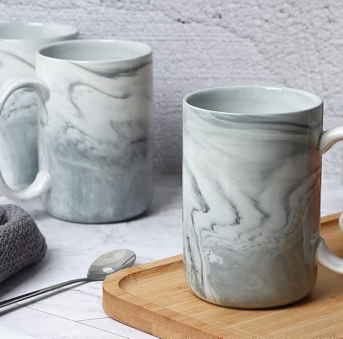 14 OZ Marble Coffee Mugs, M068 Novelty Marble Ceramic Cup for Home and Office, Microwave Dishwasher Safe, Set of 4, Gray - Image 7