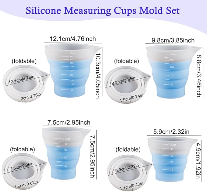 4 Pcs Silicone Resin Measure Cups Graduated Silicone Measuring Collapsible Silicone Measuring Cups,50ml/100/250ml/500ml Silicon Mixing Cups, for Epoxy Molds,Tumbler Making,Paint Making