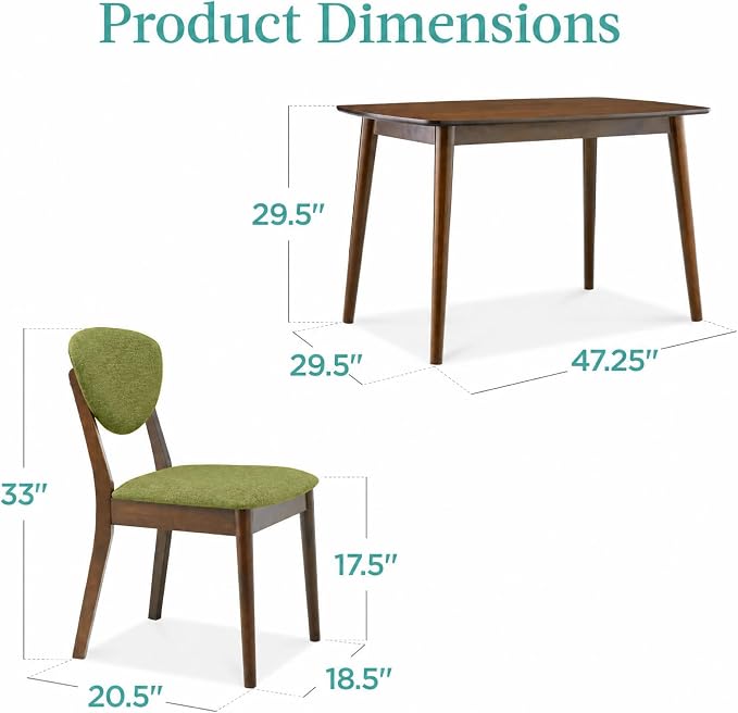 Best Choice Products 5-Piece Dining Set, Compact Mid-Century Modern Table & Chair Set for Home, Apartment w/ 4 Chairs, Padded Seats & Backrests, Wooden Frame - Walnut/Olive Green - Image 7
