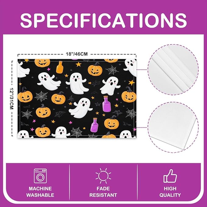 Feelyou Happy Halloween Placemats Set of 4 Cute Ghost Pumpkin Table Mats Orange Black White Place Mat for Kitchen Dining Table Party Decor Indoor Outdoor 18"x12" Non-Slip Easy to Clean Cobweb - Image 4