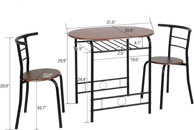 VINGLI 3 Piece Dining Set,Small Kitchen Table Set for 2,Breakfast Table Set for 2,Kitchen Wooden Table and 2 Chairs for Small Space/Dining Room/Apartment,Metal Frame,Wine Rack,Black&Walnut - Image 6