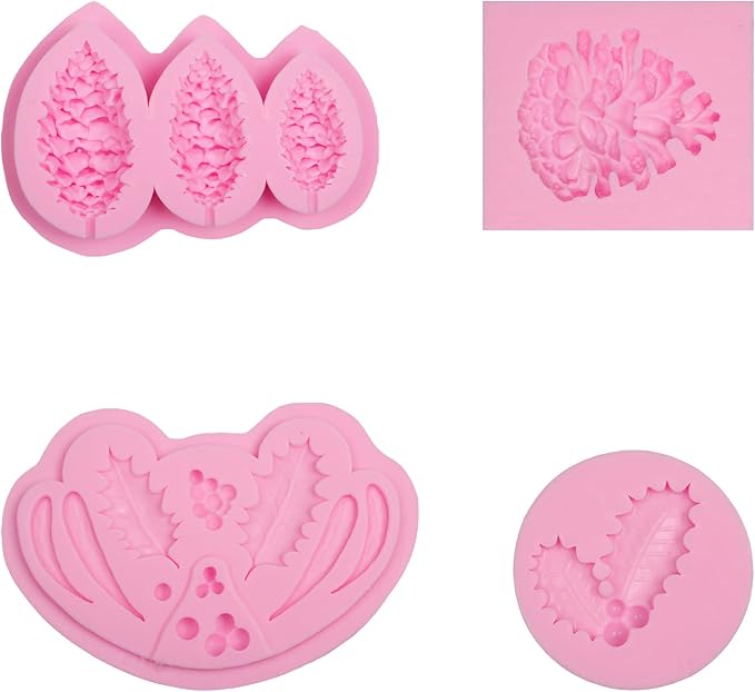 Christmas Holly Leaves Fondant Silicone Molds, Pinecone Chocolate Molds for Cake Decoration Cupcake Topper Candy Sugar Craft Gum Paste Resin