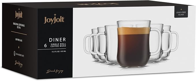 JoyJolt Glass Coffee Cups - 15.5oz Diner Mugs Set of 6. Bar Accessories, Cafe Style Clear Mug, Cappuccino, Latte, Tea Cup, Large Espresso Glasses - Image 8