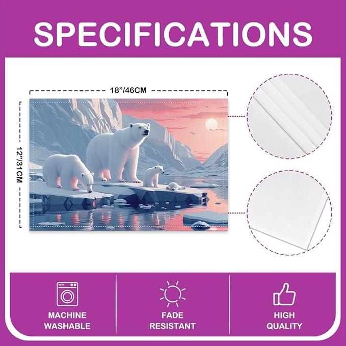 Feelyou White Bear Placemats Set of 4 12"x18" Wild Animal Placemats for Dining Table Indoor Outdoor Kitchen Rustic Cabin Country Table Mats Placemat Nature Wildlife Bear Decor Table Place Mats Qlacier - Image 4