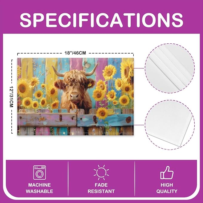 Feelyou Highland Cow Placemats for Dining Table Indoor Outdoor Kitchen 12"x18" Highland Cattle Placemats Set of 4 Sunflower Table Mats Placemat Farmhouse Decor Table Place Mats - Image 4