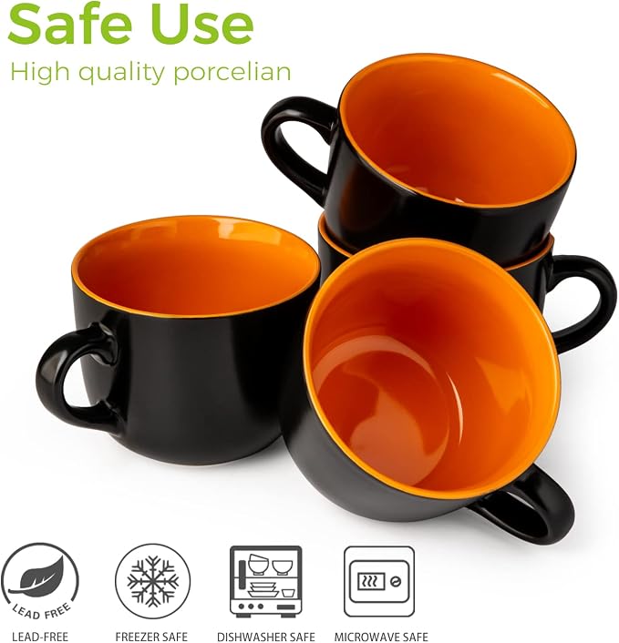 GBhome Jumbo Soup Mugs with Handles, 24 Oz Large Coffee Mugs Set of 4 | Ceramic Soup bowls for Soup Cereal Snacks Salad Noodles Cups, Microwave safe - Matte Black, Orange Inside - Image 7
