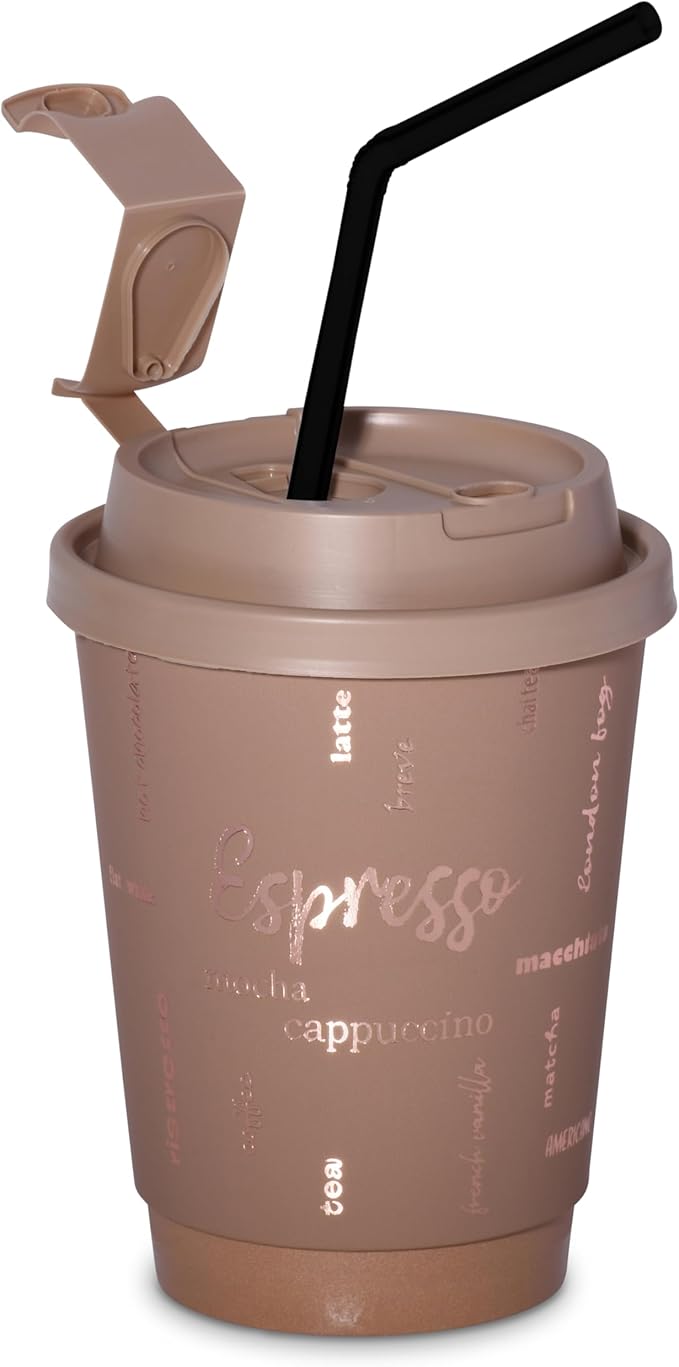 12oz Premium Disposable Coffee Cups, Double-Wall Insulated Paper Cups with Flip-Top Lids, No Sleeves Needed, To-Go Cups for Coffee, Tea, Hot Chocolate, Events, Rose Gold Print (Brown, 60ct)