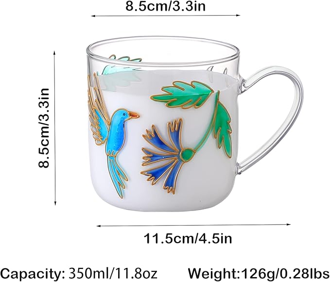 12oz/350ml Hand Painted Glass Cups With Handle,Clear Glass Coffee Cups,Coffee Glasses For Hot Beverages,Clear Mugs (Hummingbird)