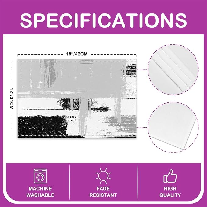 Feelyou Grey White Black Table Place Mats, Geometric Placemats Set of 4 Teens Abstract Modern Art Placemat for Kitchen Dining Table Decor Indoor Outdoor 18"x12" Buffalo Check - Image 4