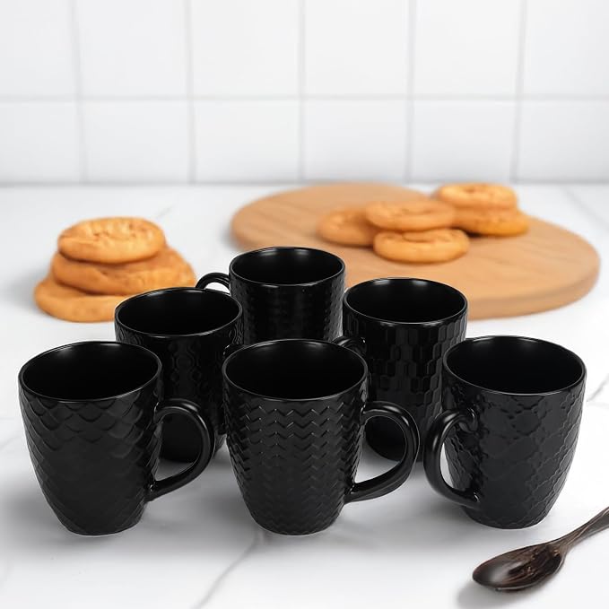 16 OZ Bone Coffee Mugs Set of 6 Matte Black | Large Ceramic Coffee Mugs Set with Different Texture Patterns, Porcelain Cups with Handle for Espresso Latte Tea Milk - Image 8