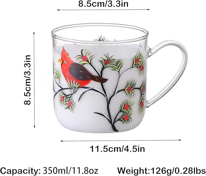 12oz/350ml Hand Painted Glass Cups With Handle,Clear Glass Coffee Cups,Coffee Glasses For Hot Beverages,Clear Mugs (Cardinals)