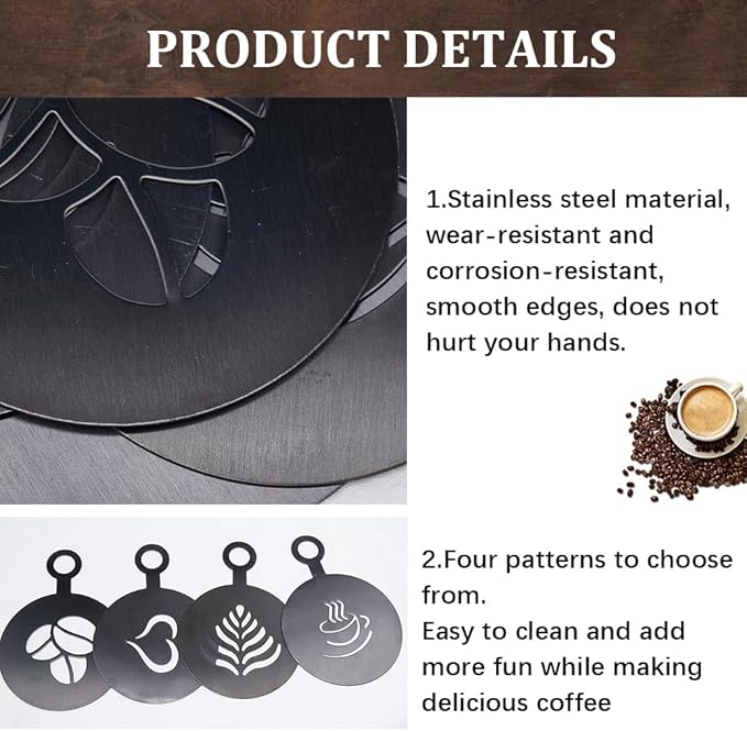 GORGECRAFT 4Pcs Coffee Decorating Stencils Coffee Cup Stencil Template Golden Coffee Latte Art Flat Round with Leaf Heart Cup Pattern Cappuccino Art Templates for Cup Cake Birthday Cake Coffee