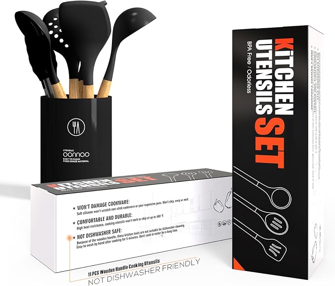 oannao Silicone Cooking Utensils Set - 446°F Heat Resistant Silicone Kitchen Utensils for Cooking,Kitchen Utensil Spatula Set w Wooden Handles, BPA FREE Gadgets for Non-Stick Cookware (Black) - Image 9