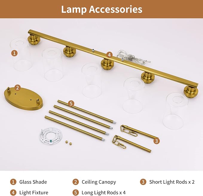 Kitchen Island Lighting, 5-Light Modern Dining Room Light Fixtures Over Table,Farmhouse Gold Linear Chandeliers for Dining Room, Industrial Pendant Lights Fixture with Clear Glass Shade - Image 7