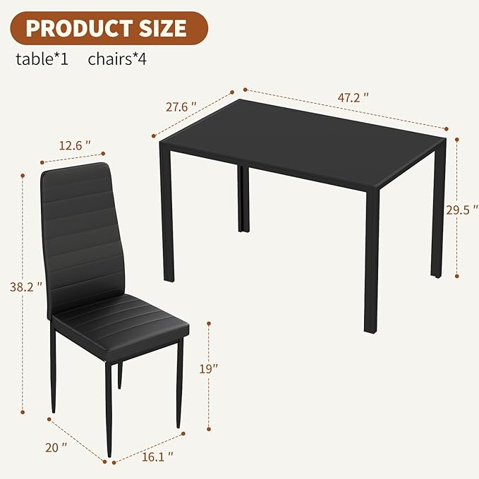 FDW | Dining Table Set for 4 | 5-Piece Glass Black Dining Table | Kitchen Table with 4 Upholstered Chairs and Faux Leather Cushions | Space-Saving and Modern Design | for Dining Room, Easy to Assemble - Image 7